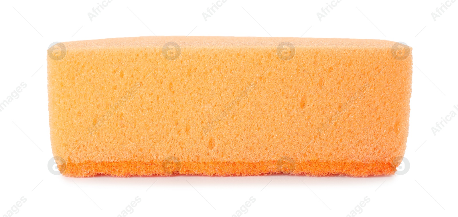 Photo of One orange sponge isolated on white. Cleaning supply