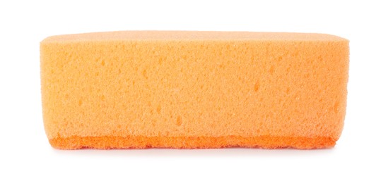 Photo of One orange sponge isolated on white. Cleaning supply