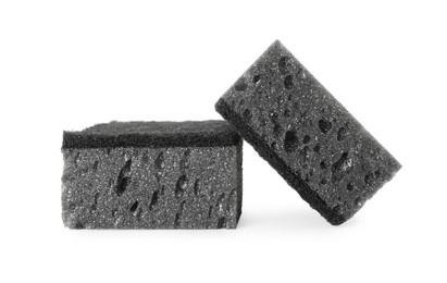 Photo of Two grey sponges isolated on white. Cleaning supply