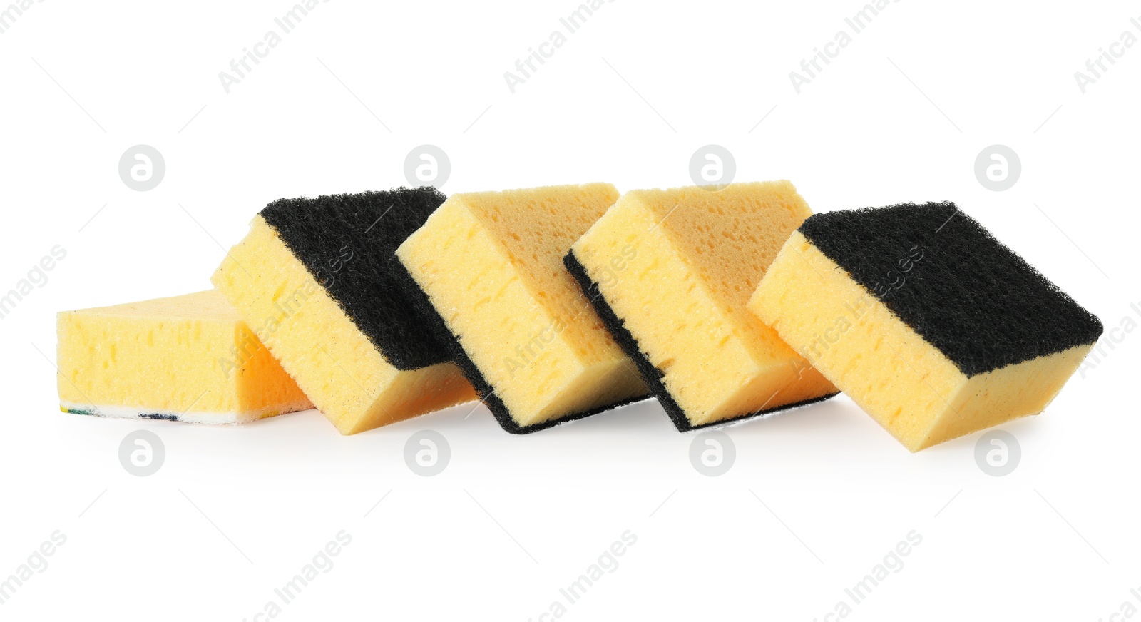 Photo of Yellow sponges isolated on white. Cleaning supply