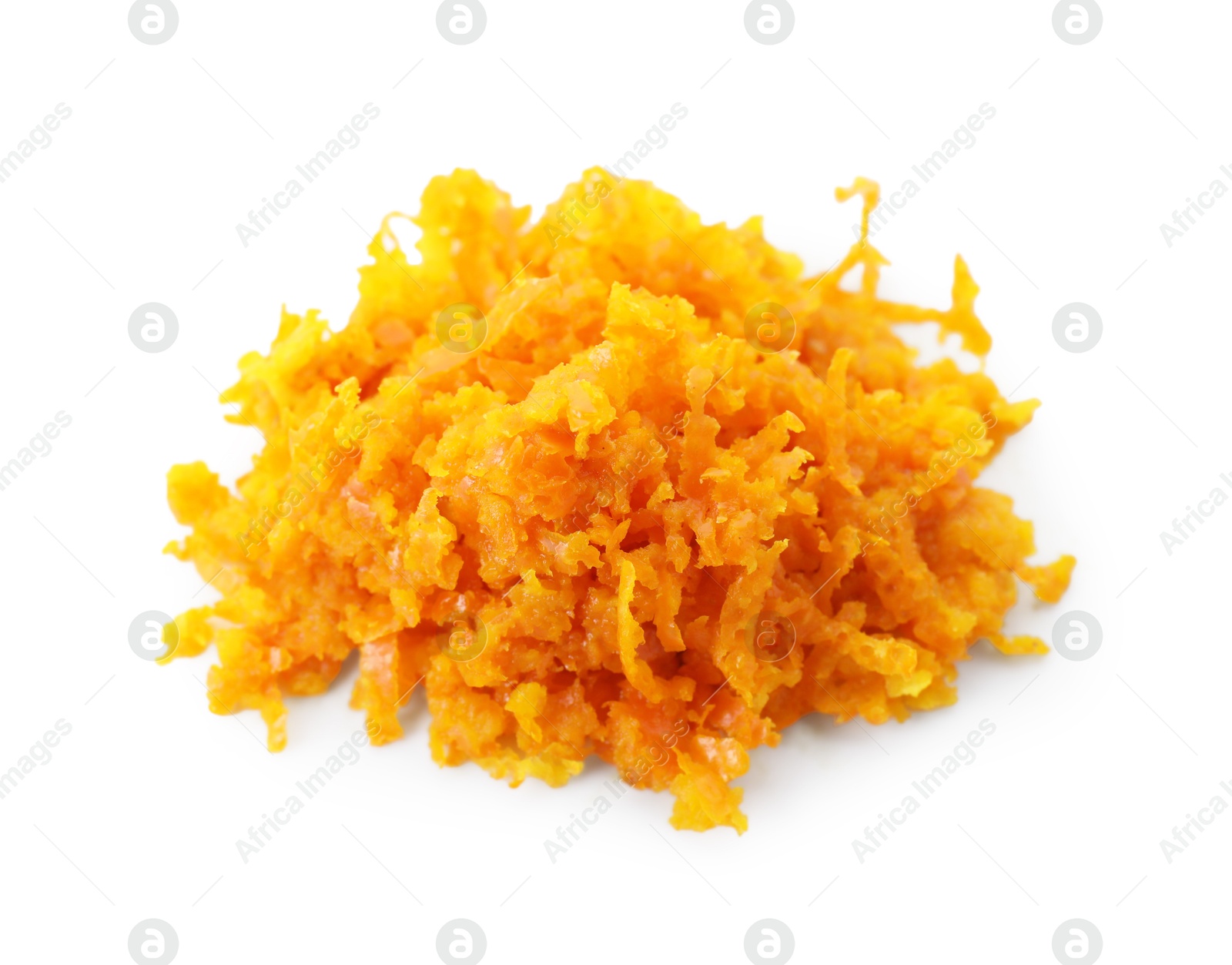 Photo of Fresh orange zest shavings isolated on white