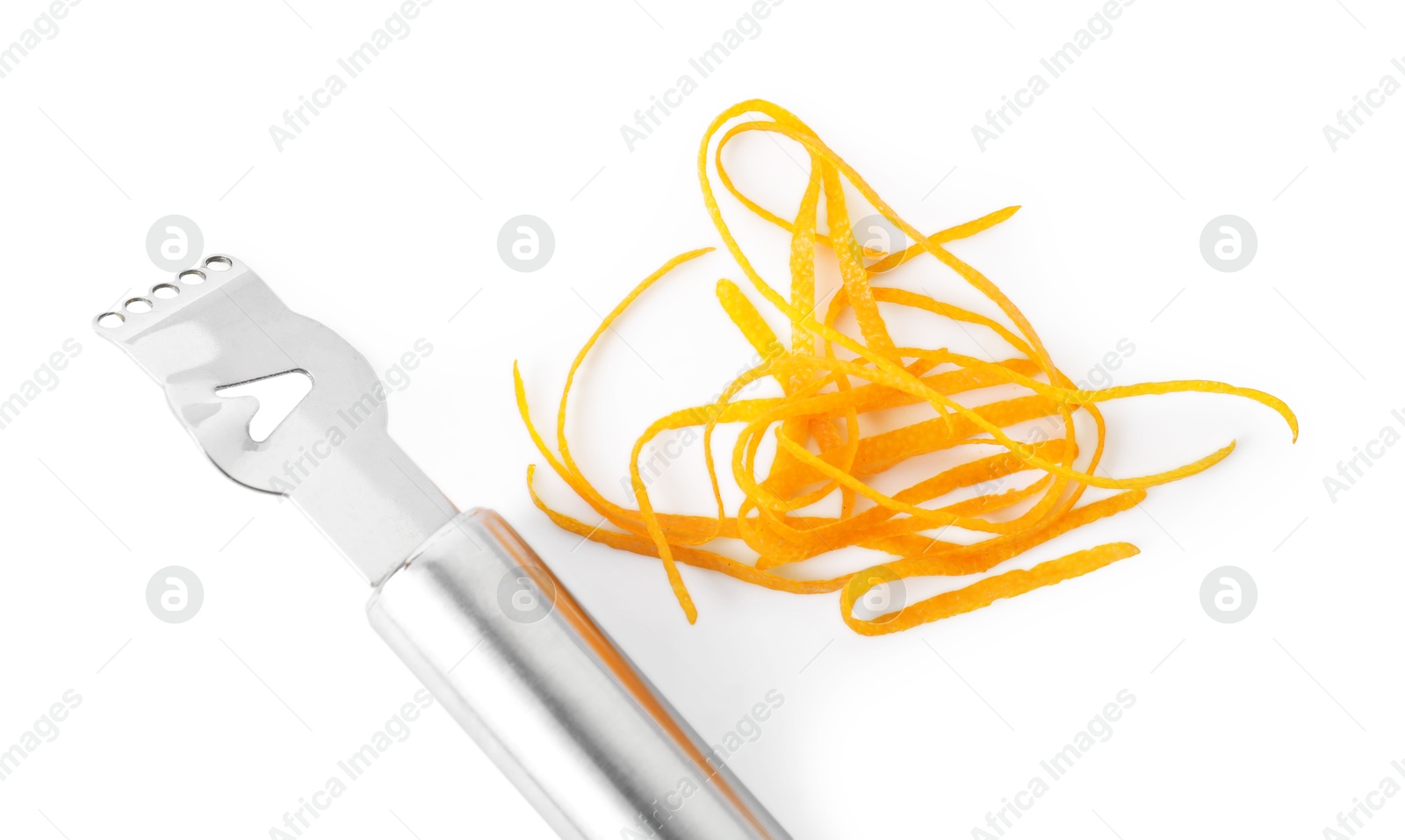 Photo of Fresh orange zest and zester tool isolated on white