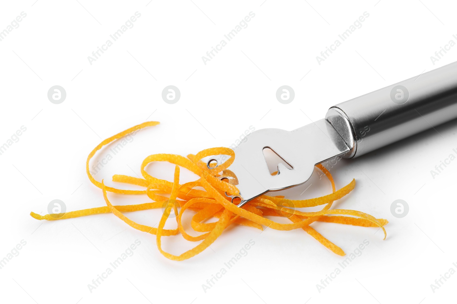 Photo of Fresh orange zest and zester tool isolated on white