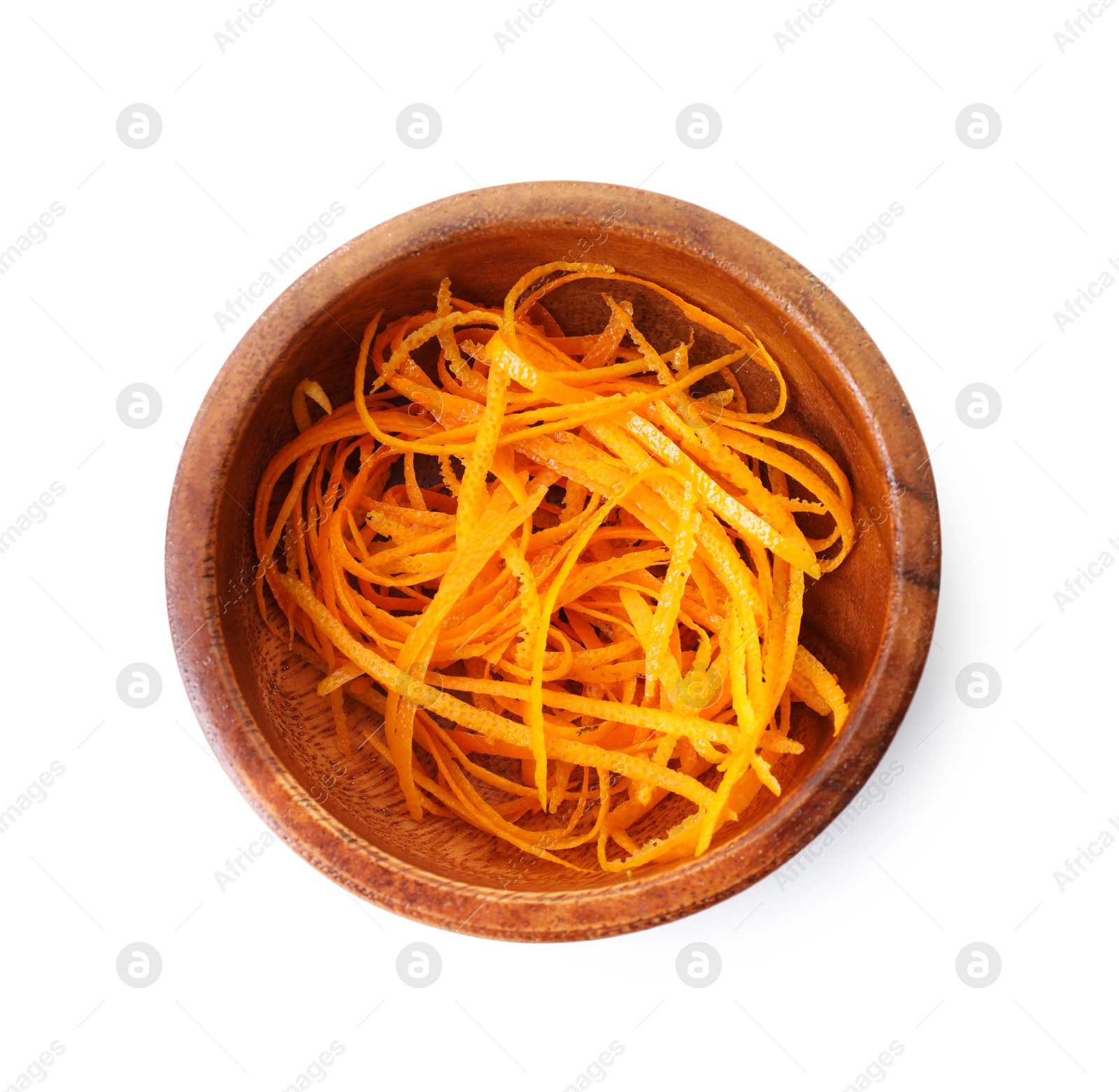 Photo of Fresh orange zest in bowl isolated on white, top view