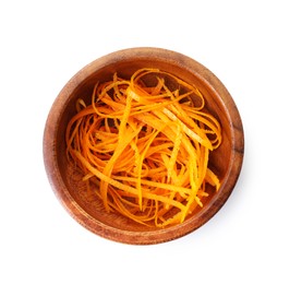 Photo of Fresh orange zest in bowl isolated on white, top view