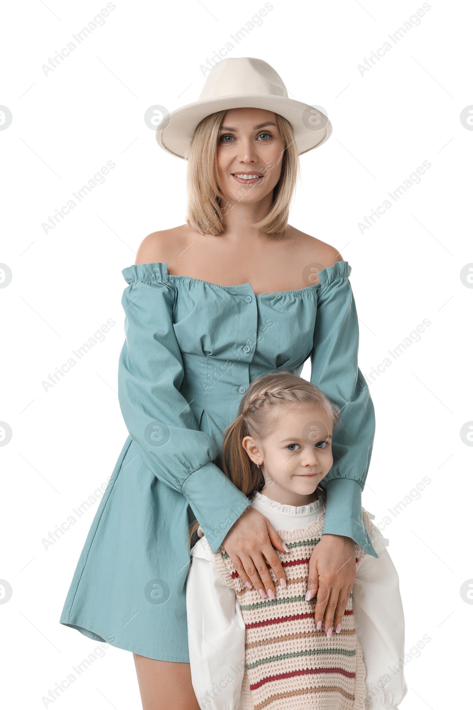 Photo of Happy mother with her cute little daughter on white background