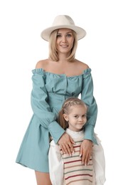 Photo of Happy mother with her cute little daughter on white background