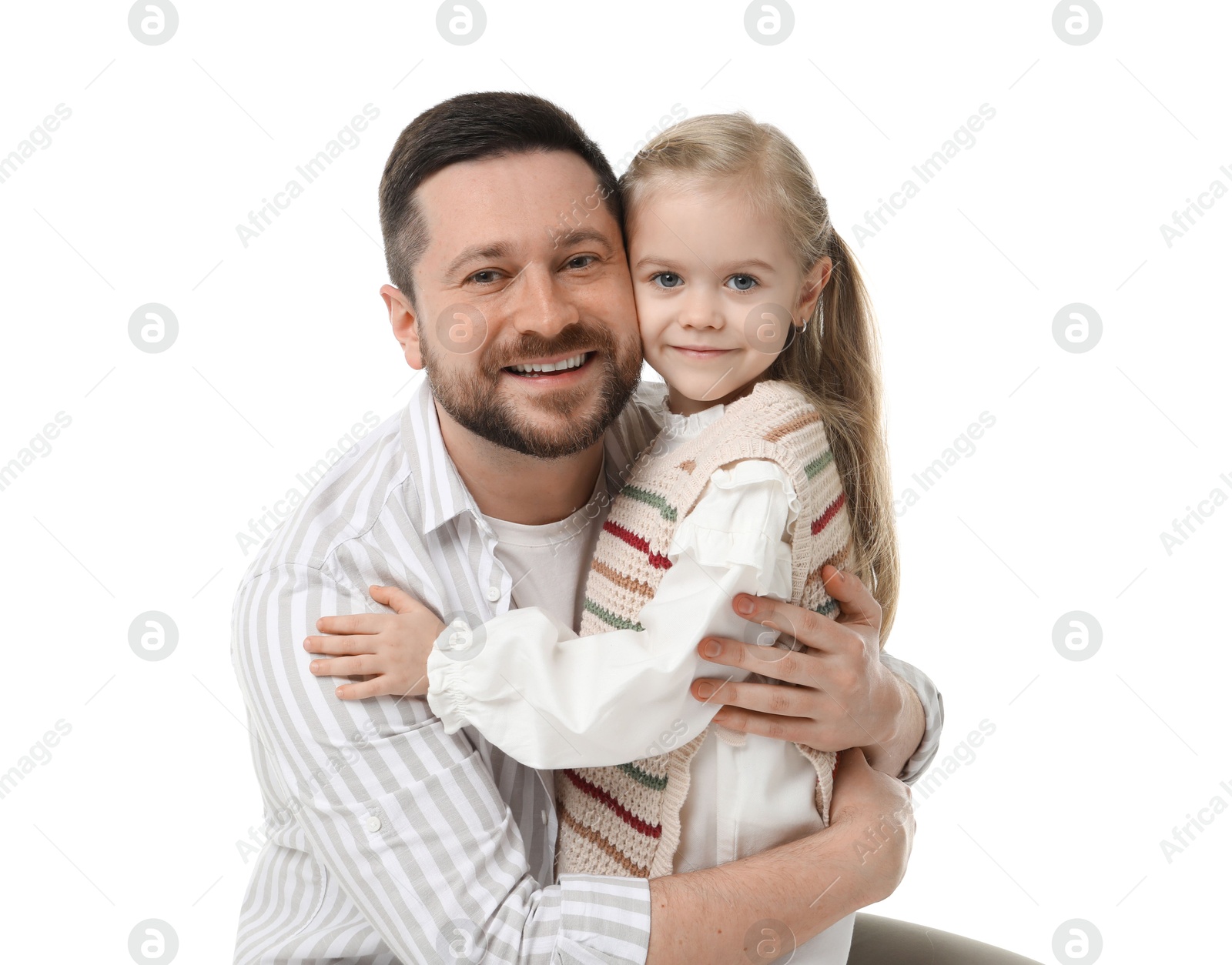 Photo of Happy father with his cute little daughter on white background