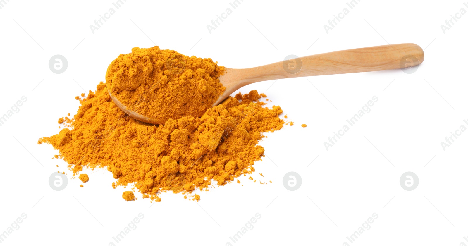 Photo of Turmeric powder and spoon isolated on white