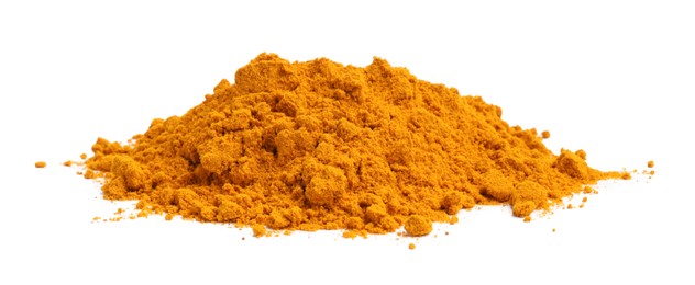 Photo of Heap of turmeric powder isolated on white