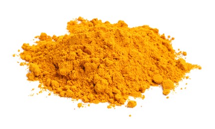 Photo of Heap of turmeric powder isolated on white