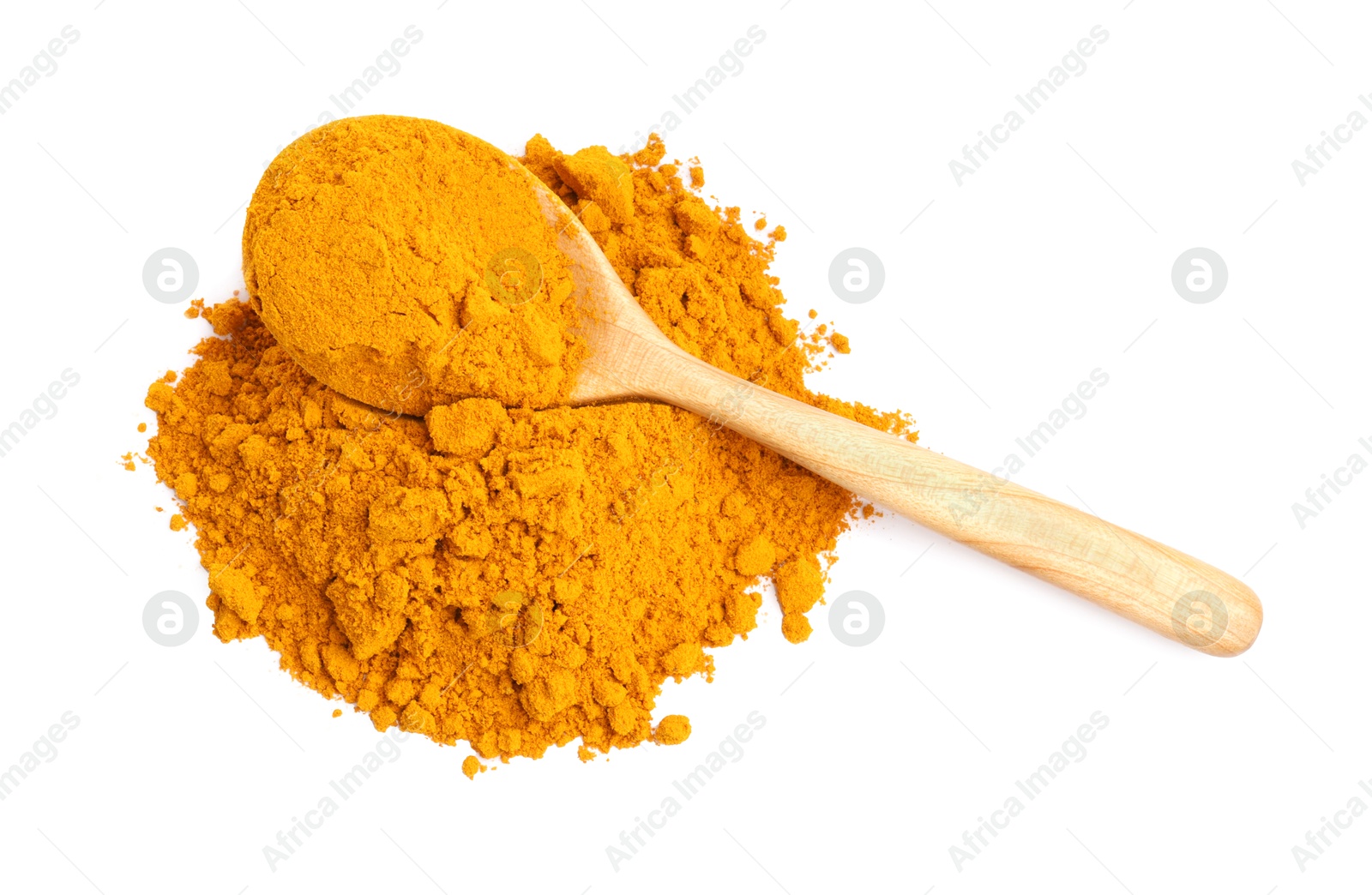 Photo of Turmeric powder and spoon isolated on white, top view