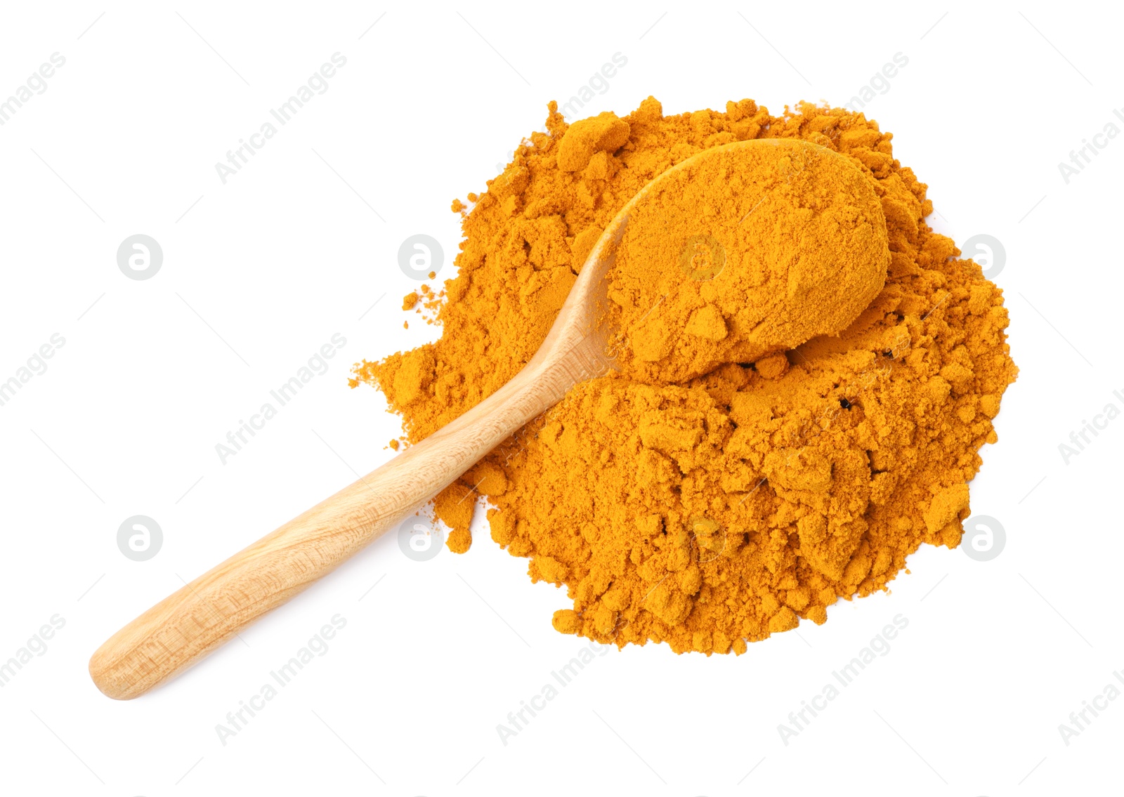 Photo of Turmeric powder and spoon isolated on white, top view