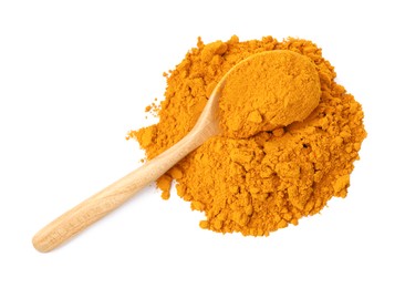 Photo of Turmeric powder and spoon isolated on white, top view