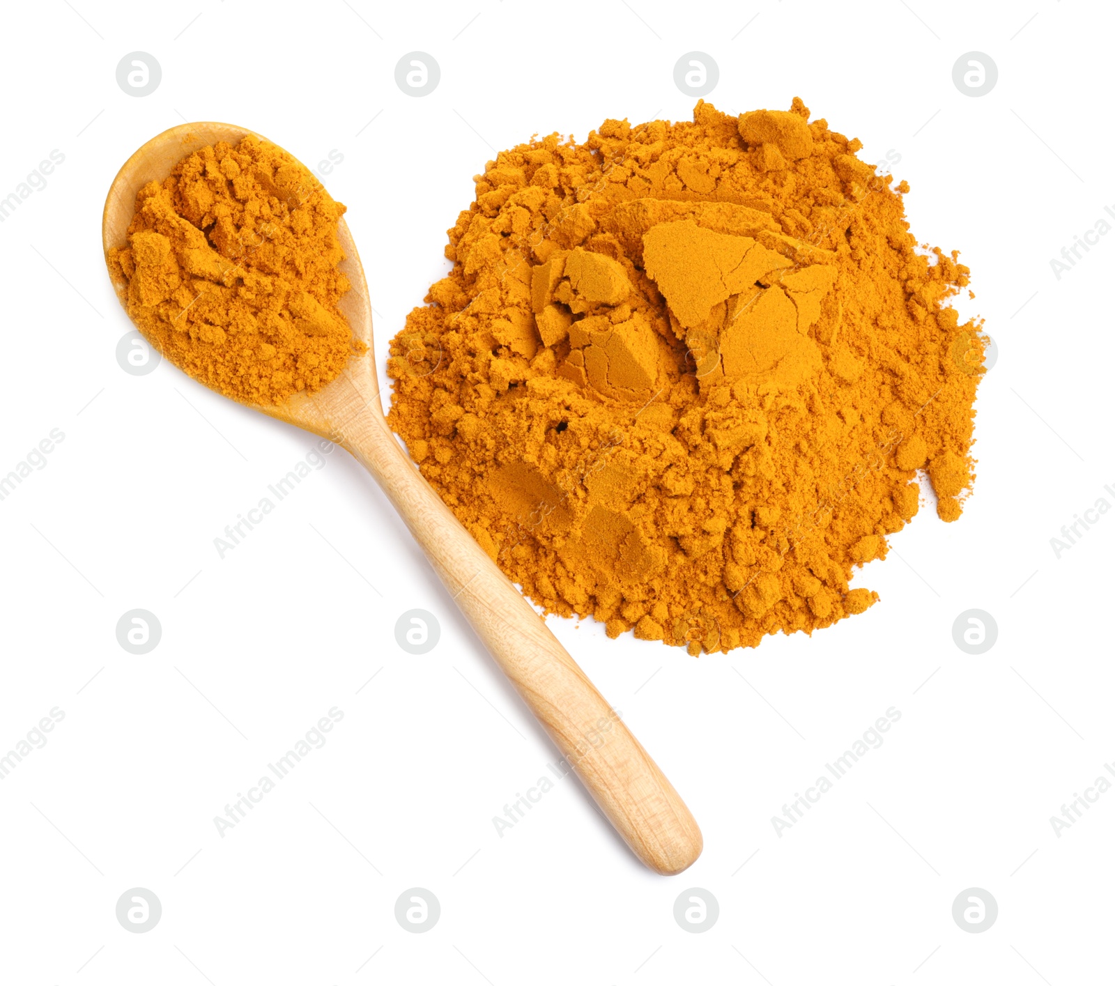 Photo of Turmeric powder and spoon isolated on white, top view