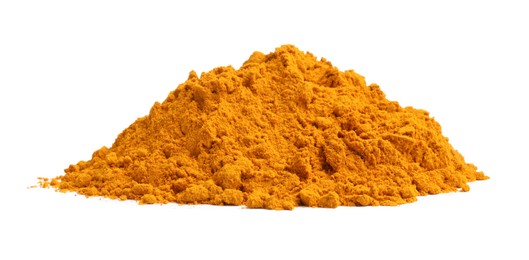 Photo of Heap of turmeric powder isolated on white