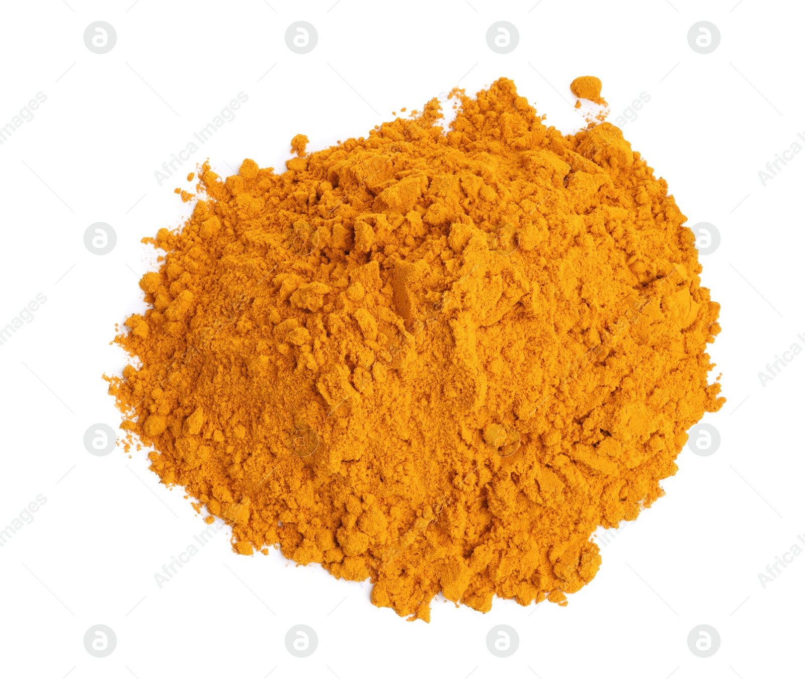 Photo of Heap of turmeric powder isolated on white, top view