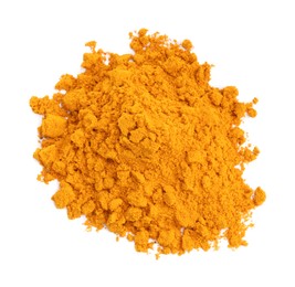 Photo of Heap of turmeric powder isolated on white, top view