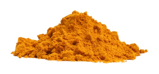 Photo of Heap of turmeric powder isolated on white