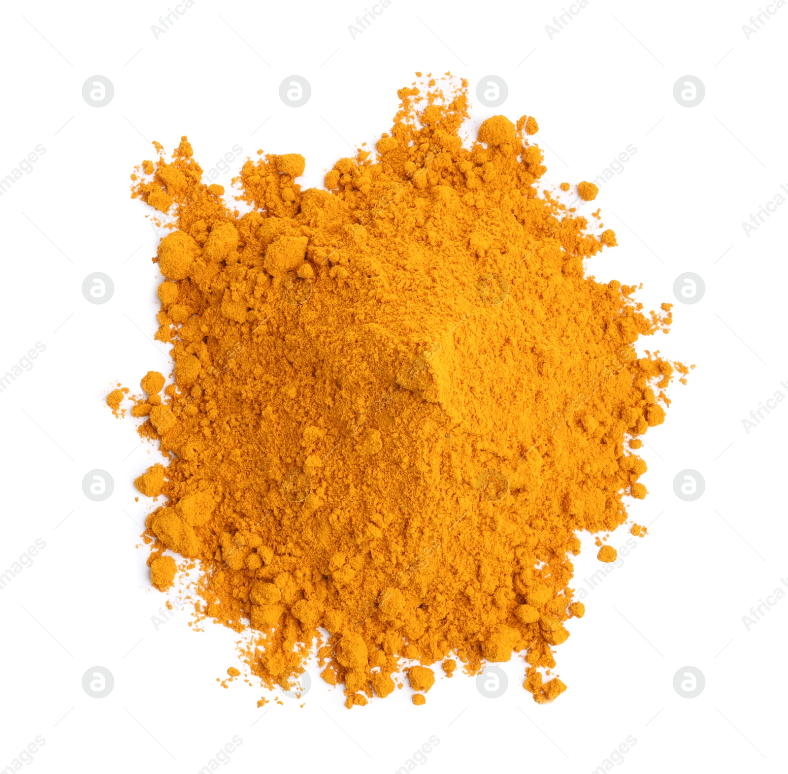 Photo of Heap of turmeric powder isolated on white, top view