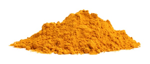 Photo of Heap of turmeric powder isolated on white