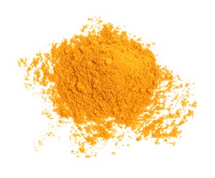 Photo of Heap of turmeric powder isolated on white, top view