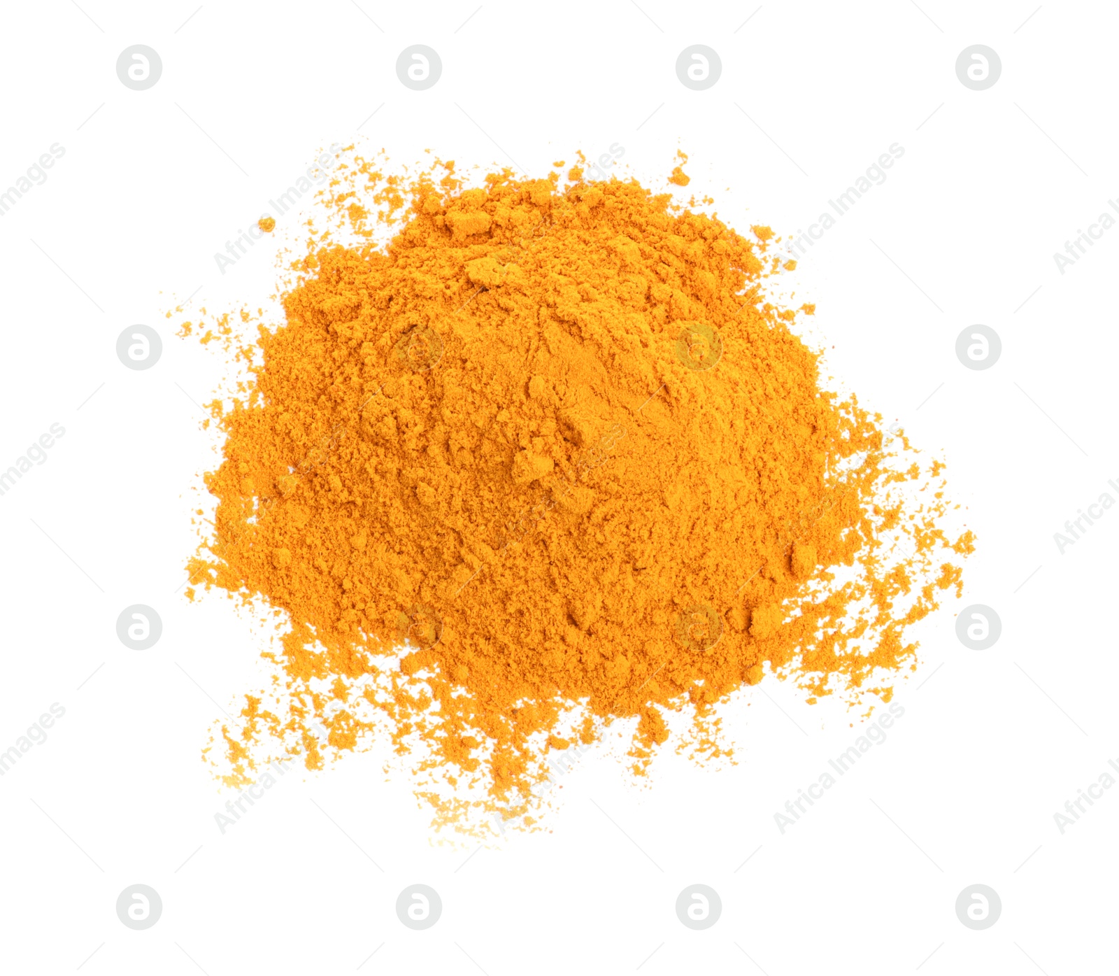 Photo of Heap of turmeric powder isolated on white, top view