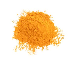 Photo of Heap of turmeric powder isolated on white, top view