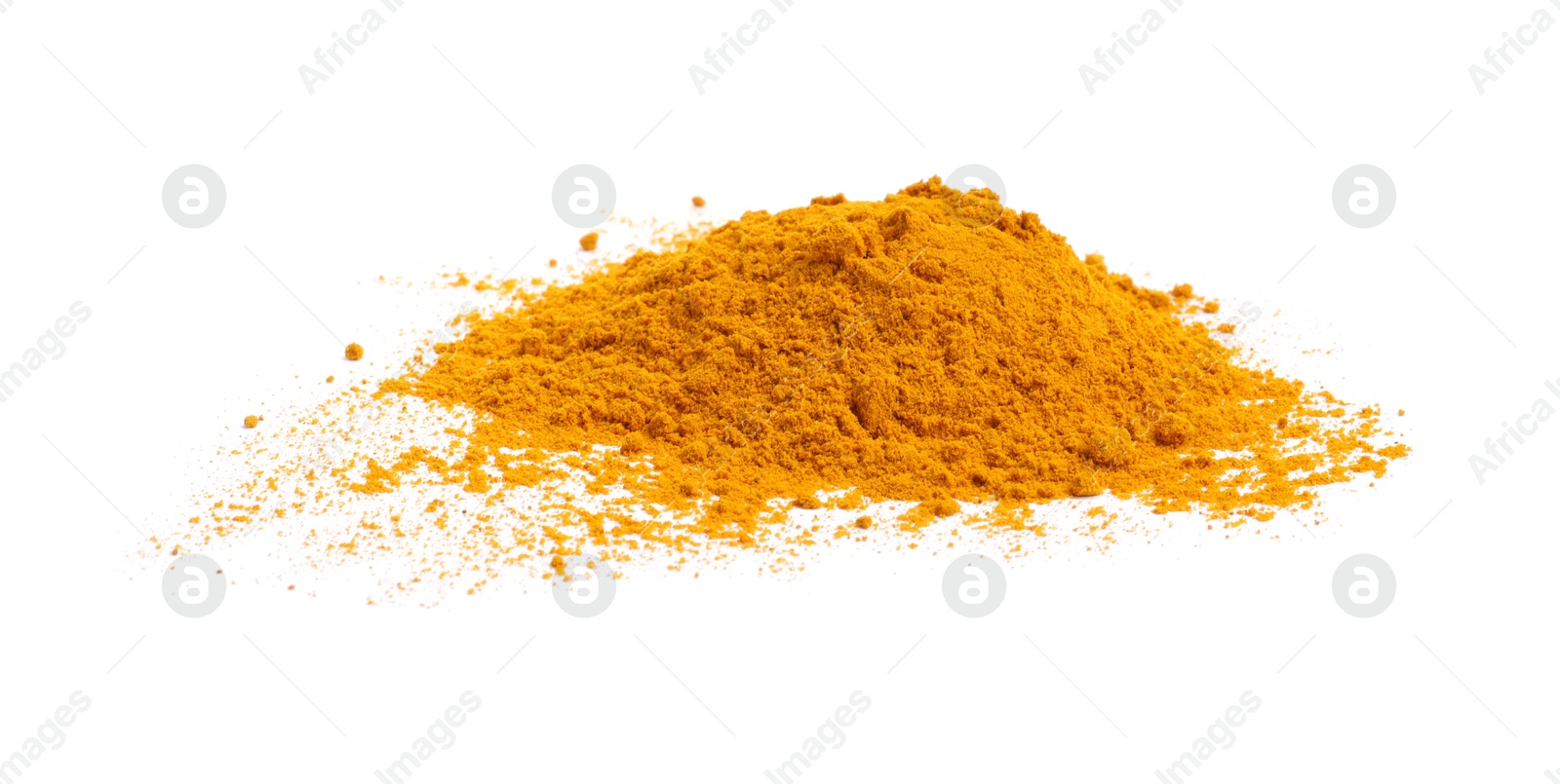 Photo of Heap of turmeric powder isolated on white