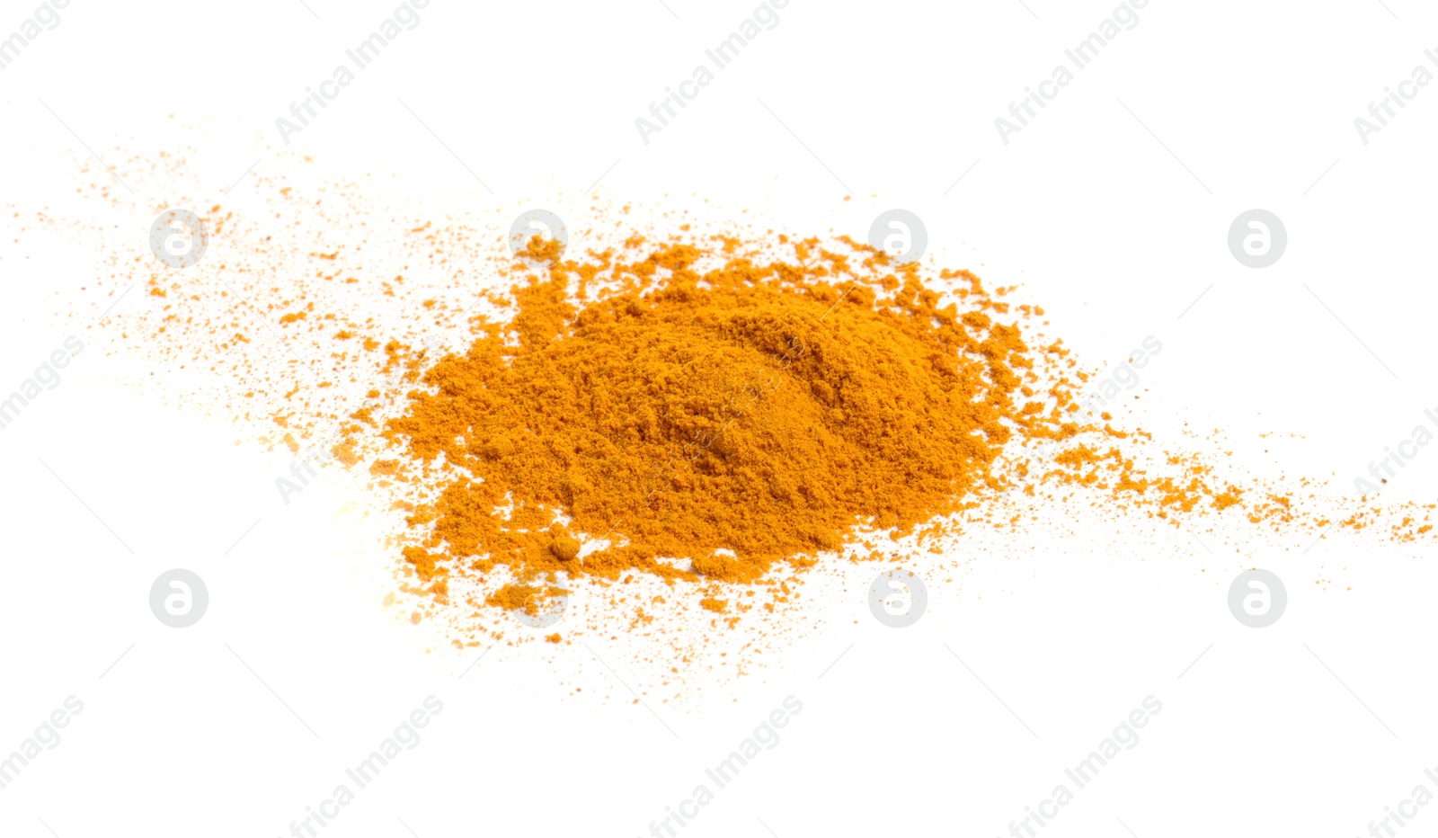 Photo of Heap of turmeric powder isolated on white