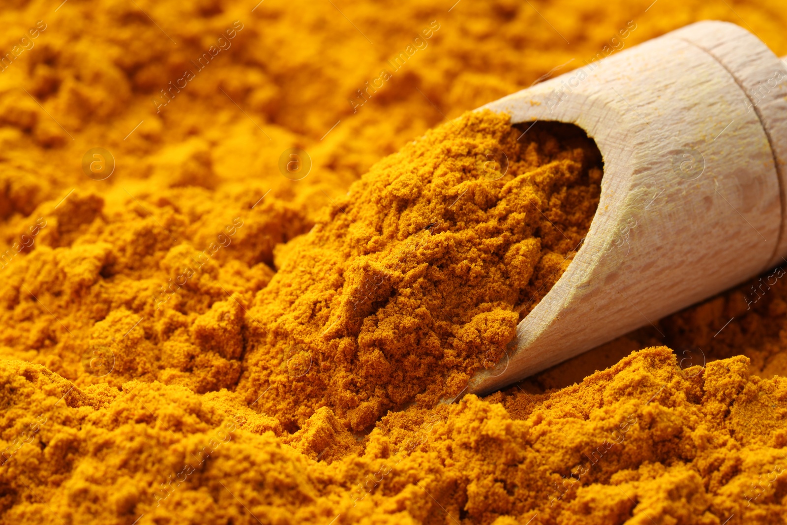 Photo of Turmeric powder in scoop on spice, closeup