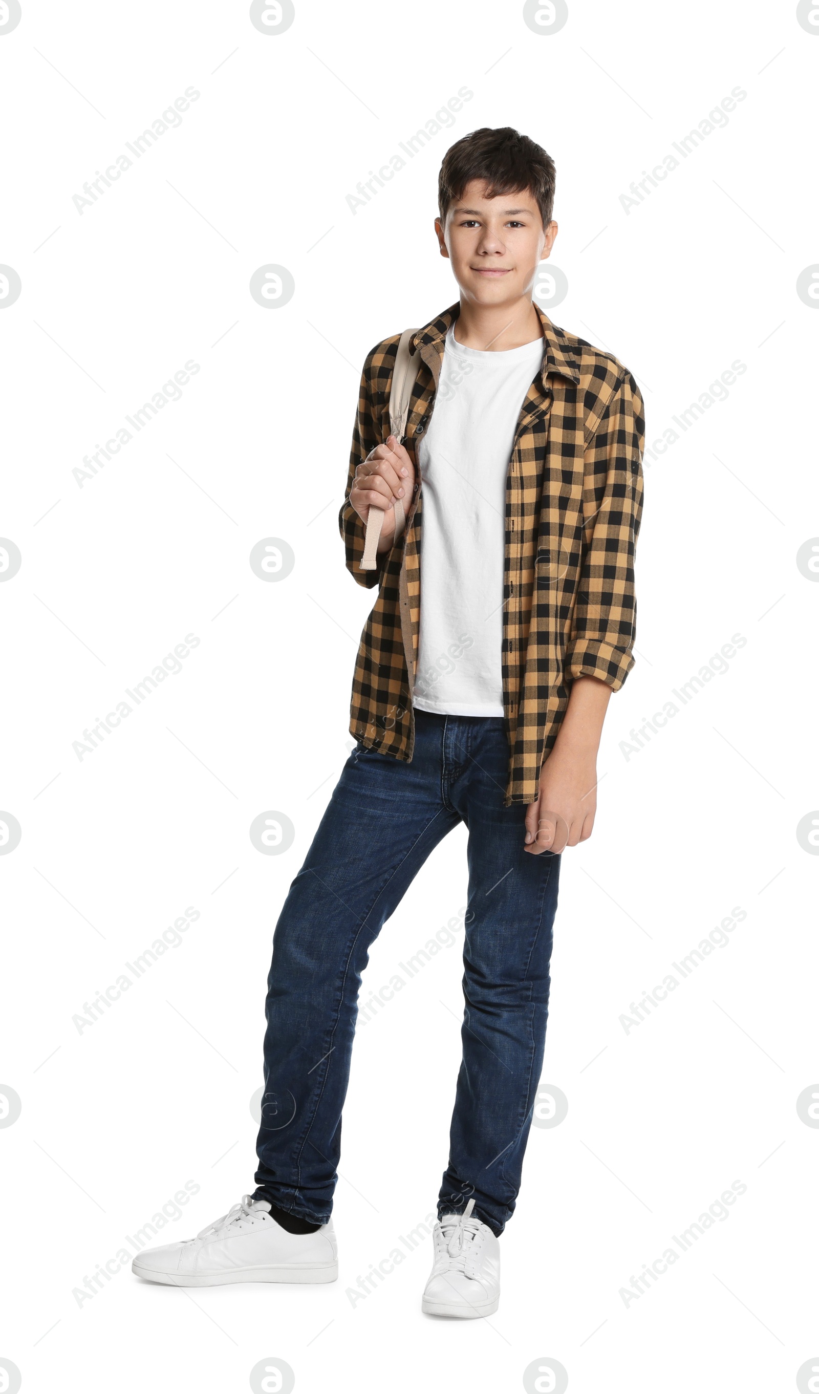 Photo of Full length portrait of teenage boy with backpack on white background