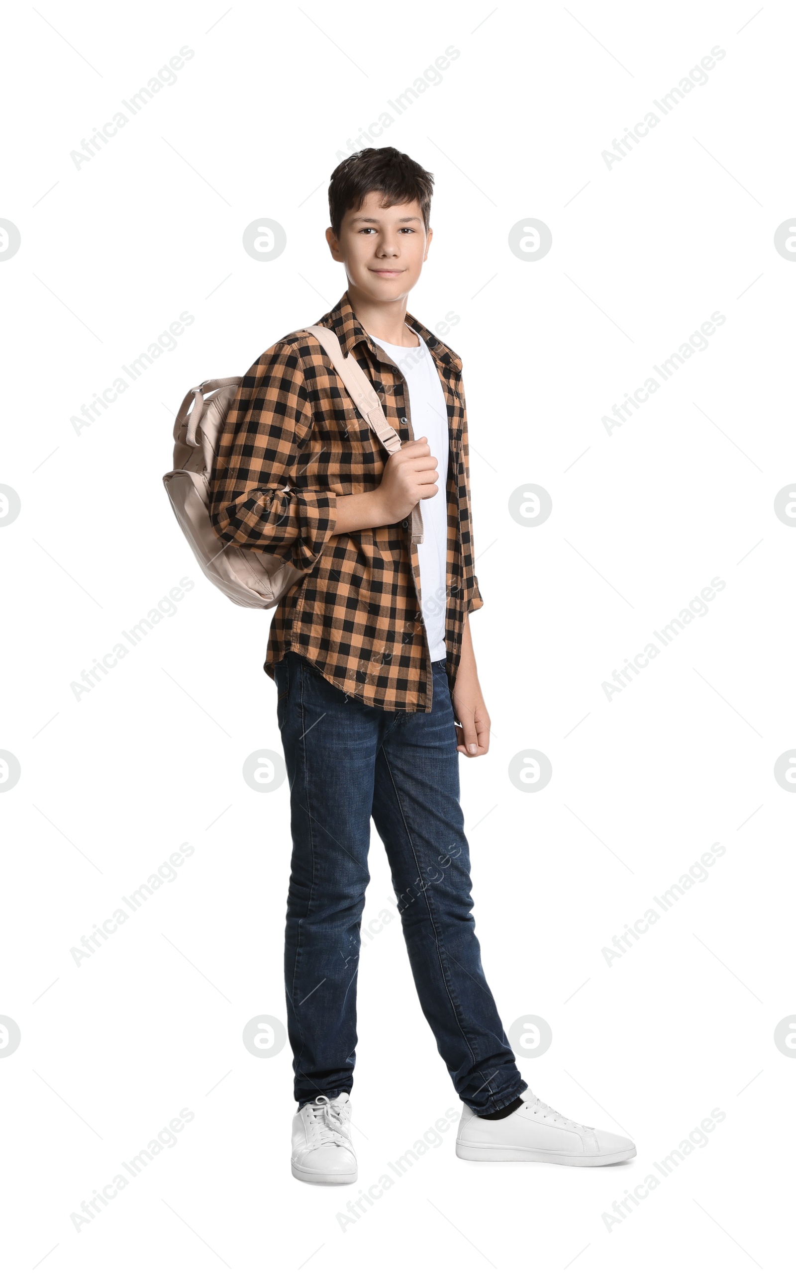 Photo of Full length portrait of teenage boy with backpack on white background