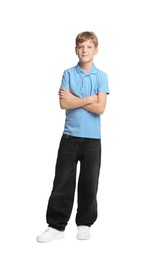 Photo of Full length portrait of teenage boy with crossed arms on white background