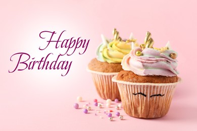 Image of Happy Birthday greeting card. Cute sweet unicorn cupcakes on pink background