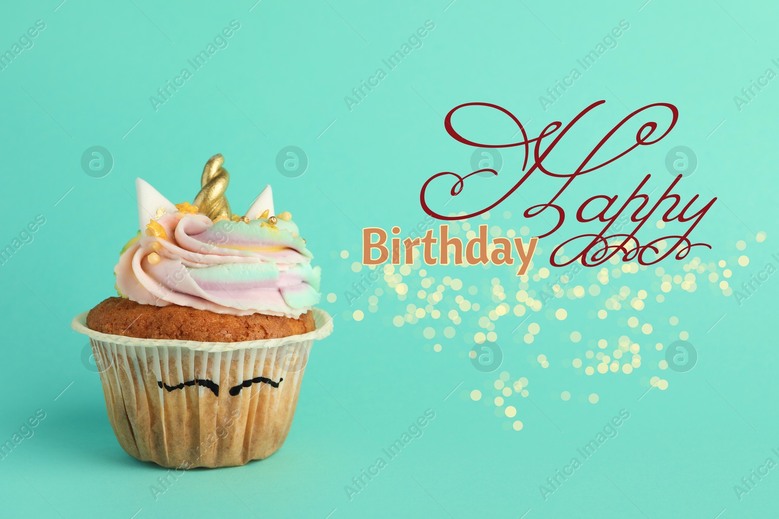 Image of Happy Birthday greeting card. Cute sweet unicorn cupcake on turquoise background