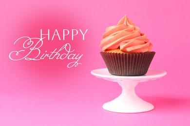 Image of Happy Birthday greeting card. Sweet cupcake on pink background