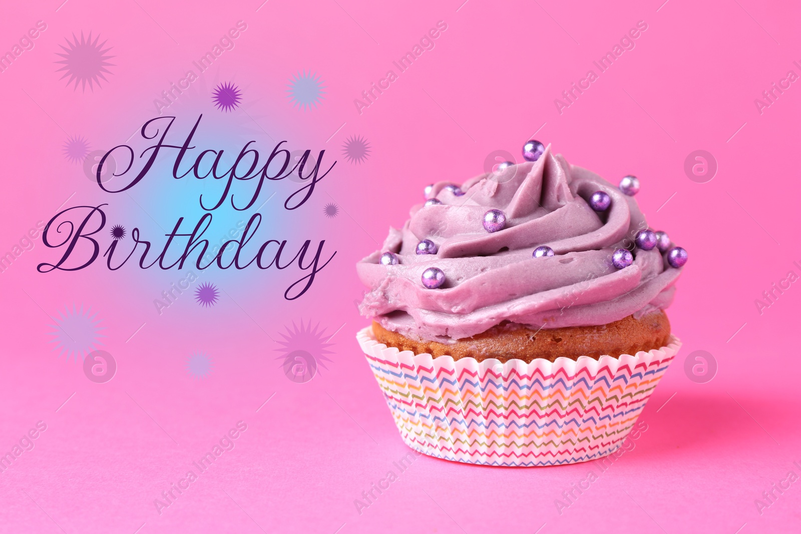 Image of Happy Birthday greeting card. Sweet cupcake on pink background