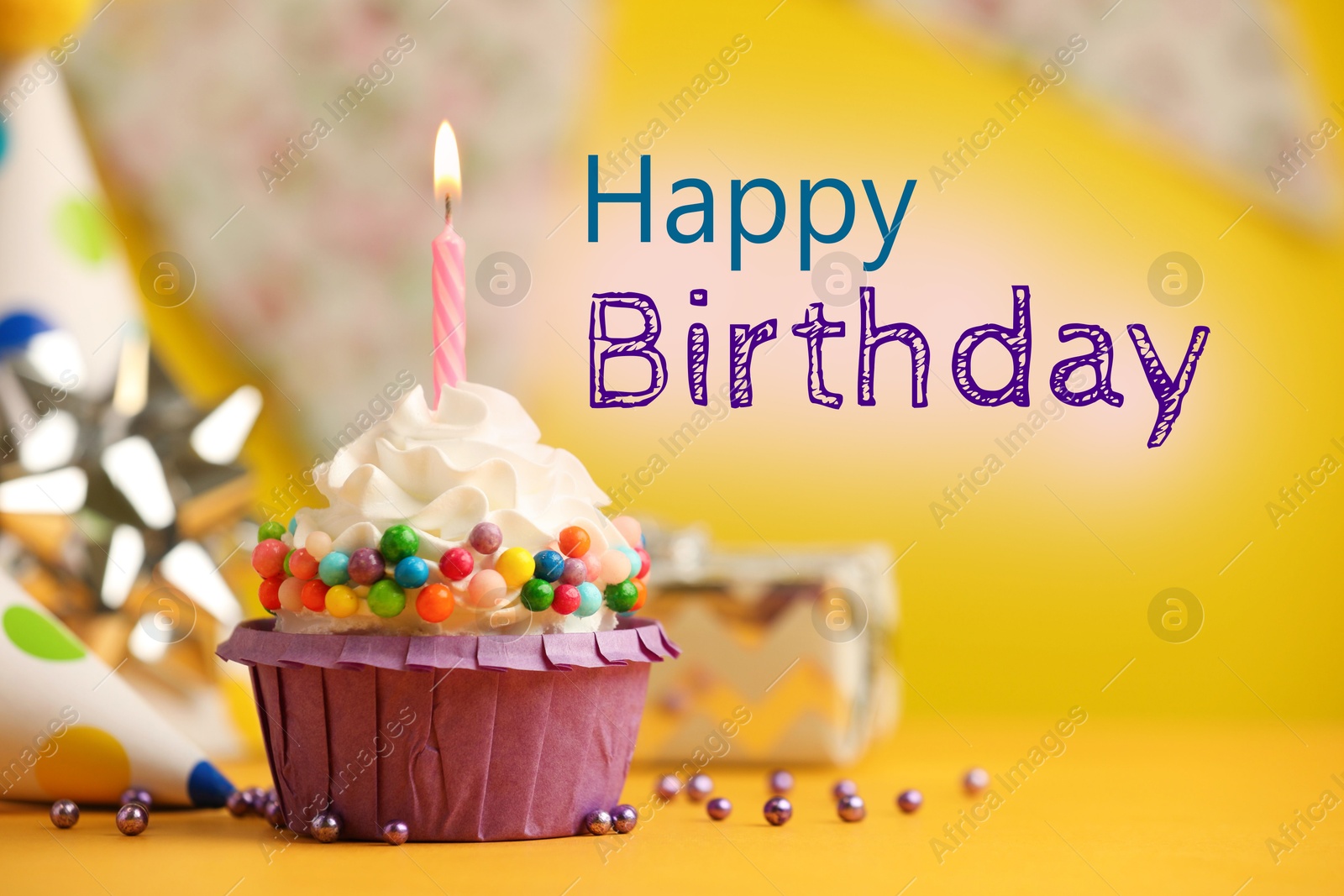 Image of Happy Birthday greeting card. Sweet cupcake with burning candle on yellow background