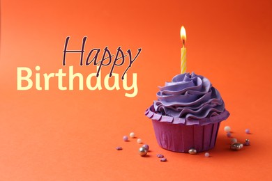 Image of Happy Birthday greeting card. Sweet cupcake with burning candle on orange background