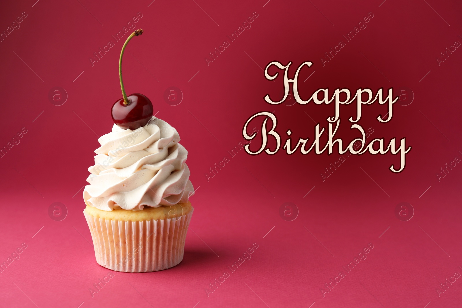 Image of Happy Birthday greeting card. Sweet cupcake with cherry on crimson color background