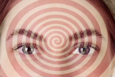 Image of Hypnotized woman, closeup. Spiral symbolizing hypnotic effect