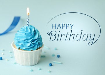 Image of Happy Birthday greeting card. Sweet cupcake with burning candle on light blue background