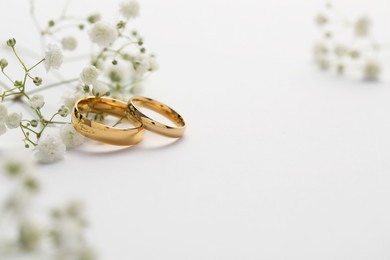 Photo of Golden wedding rings and flowers on white background, closeup. Space for text