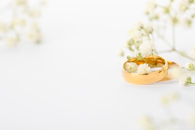 Photo of Golden wedding rings and flowers on white background, closeup. Space for text