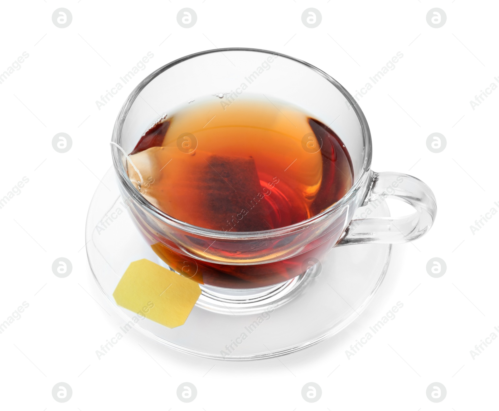 Photo of Cup with teabag isolated on white. Brewing aromatic tea