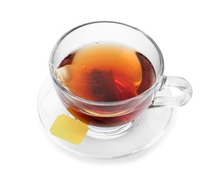 Photo of Cup with teabag isolated on white. Brewing aromatic tea