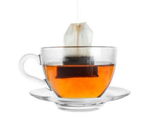 Photo of Cup with teabag isolated on white. Brewing aromatic tea