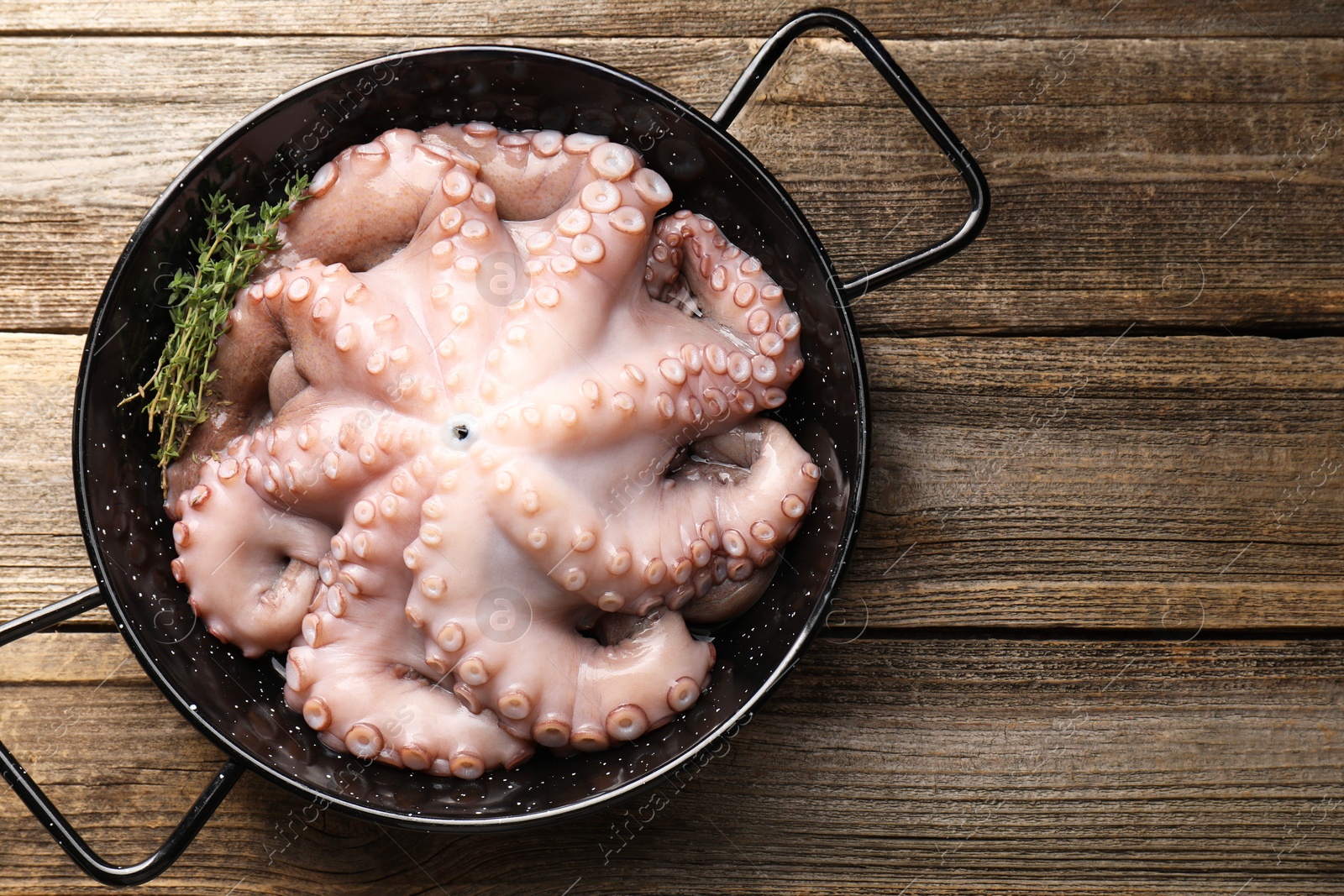 Photo of Fresh raw octopus and thyme in frying pan on wooden table, top view. Space for text