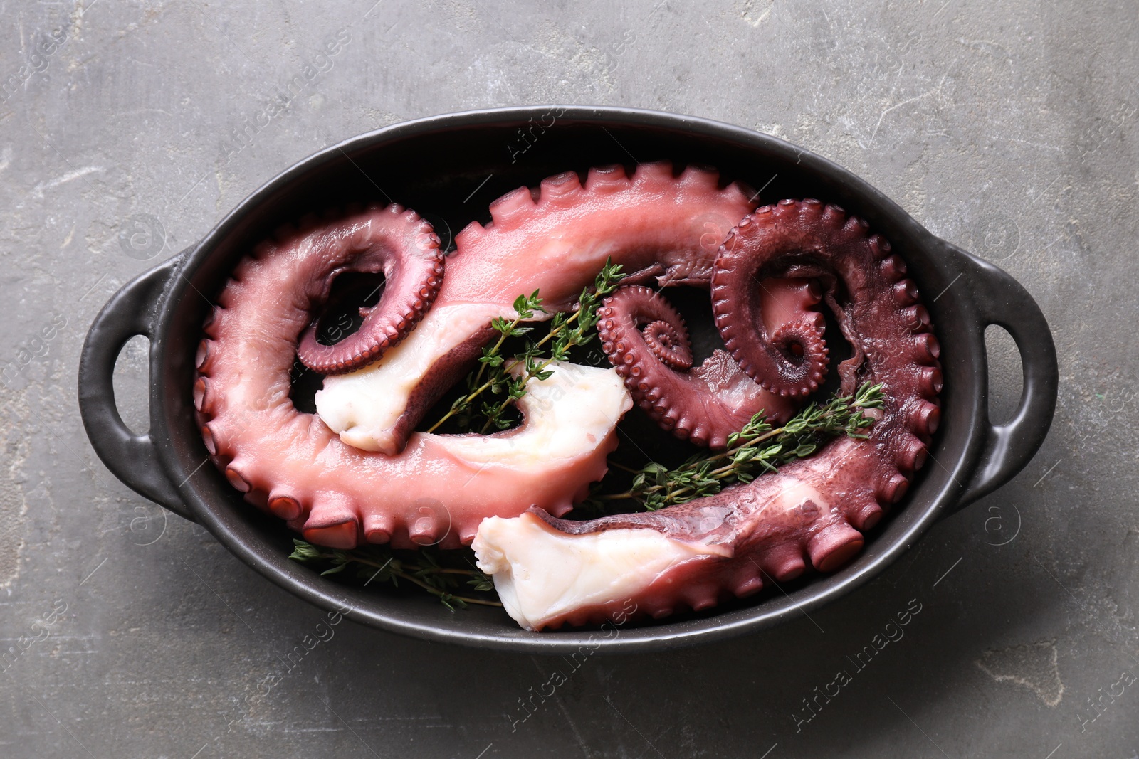 Photo of Fresh raw octopus and thyme in baking dish on grey table, top view